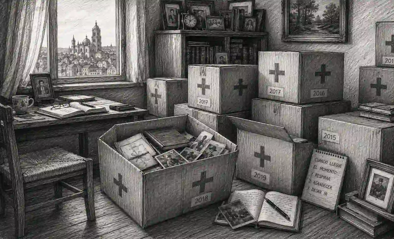 Cajas de mudanza etiquetadas con años, fotografías y cuadernos en una habitación, símbolo del desapego y la memoria.
