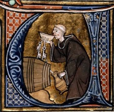 Detalle de inicial 'V´historiada: Un monje bodeguero cata vino de barril con una escudilla, mientras con la otra mano llena su jarra. Li Livres dou Santé. Aldobrandino of Siena. Francia, siglo XIII. British Library, Sloane 2435, f. 44v. 002562