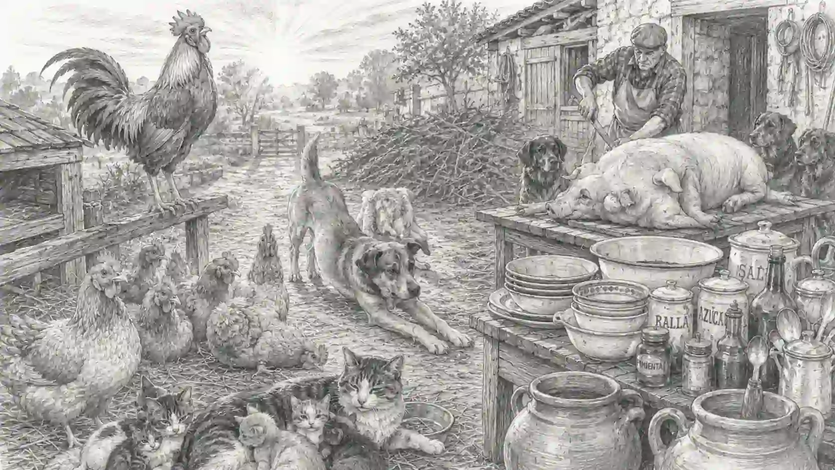 Granja rural al amanecer con un cerdo sobre una mesa de madera, un granjero, gallinas, un gallo, perros, gatos y utensilios tradicionales en San Martín.