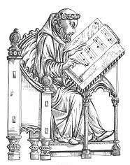 monje medieval sentado en su escaño leyendo un libro de música