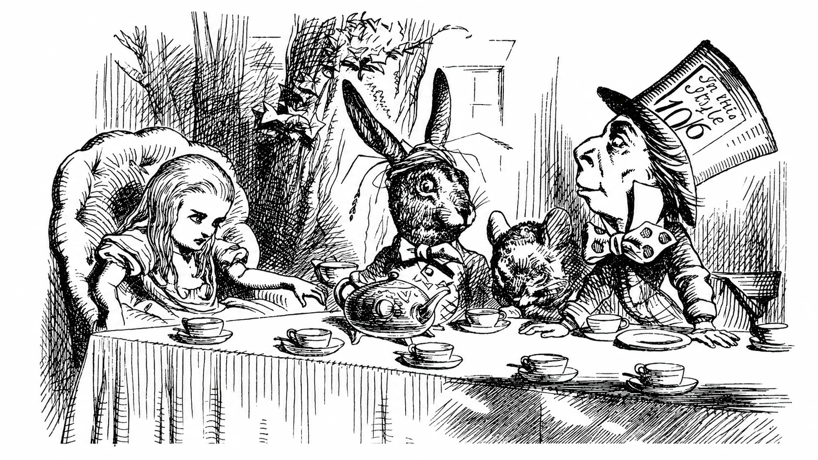 Ilustración clásica de la merienda del Sombrerero Loco en Alicia en el País de las Maravillas, dibujo original de John Tenniel en blanco y negro