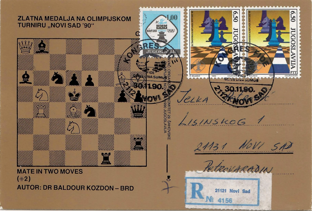 Sobre de primer día de Yugoslavia de 1990 dedicado al torneo olímpico de ajedrez Novi Sad ’90, con sellos y matasellos conmemorativos.