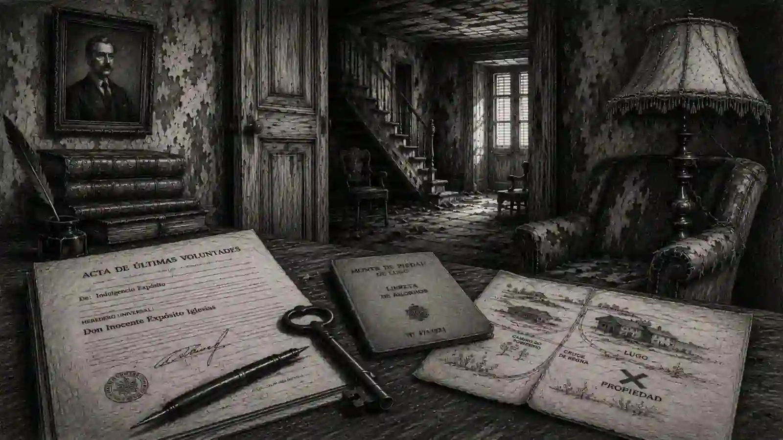Documentos de herencia, una llave antigua y un croquis descansan sobre una mesa en un caserón abandonado, donde un legado aparentemente afortunado esconde una aterradora sorpresa.