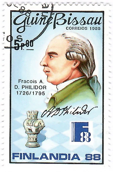 Sello postal de Guinea-Bissau de 1988 emitido por Finlandia 88, que muestra el perfil de François-André Danican Philidor (1726-1795), su firma, una pieza de ajedrez y un valor facial de 5 pesos uqe incluye un matasellos.
