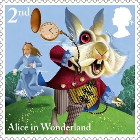 Sello de "Alicia en el País de las Maravillas" con el Conejo Blanco sosteniendo un reloj de bolsillo mientras Alicia corre tras él.