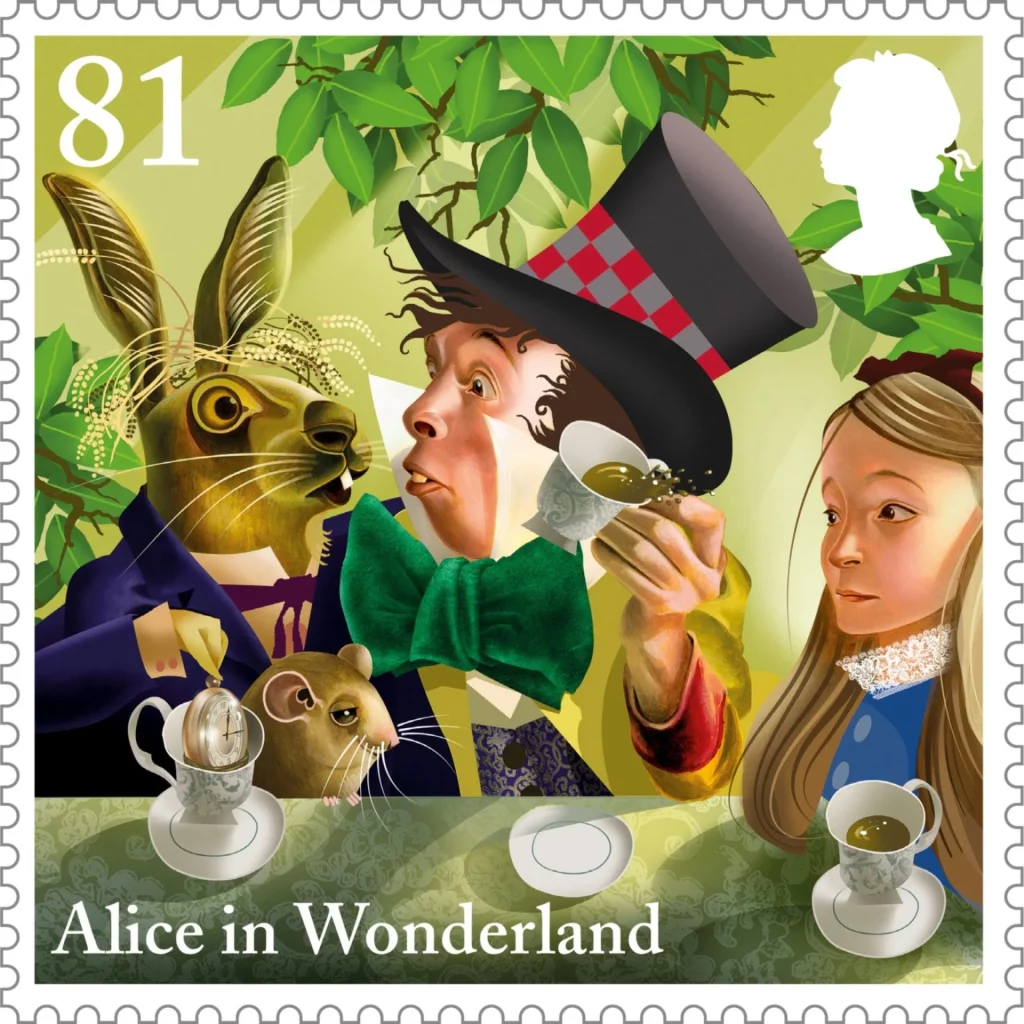 Sello postal de Alice in Wonderland con el Sombrerero Loco, la Liebre de Marzo y Alicia en la merienda del té.
