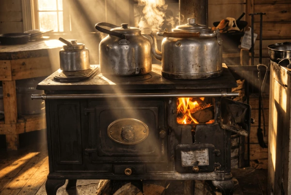 Estufa de leña con teteras y cafetera en una cocina rústica, con el fuego encendido y luz natural entrando por una ventana