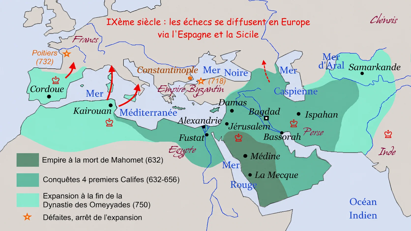 Mapa de la difusión del ajedrez desde Persia hacia Europa durante los siglos VII al IX, a través del mundo islámico, España y Sicilia.