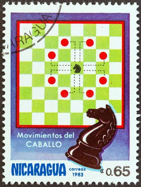 sello emitido por Nicaragua en 1983, mostrando los movimientos del caballo de ajedrez
