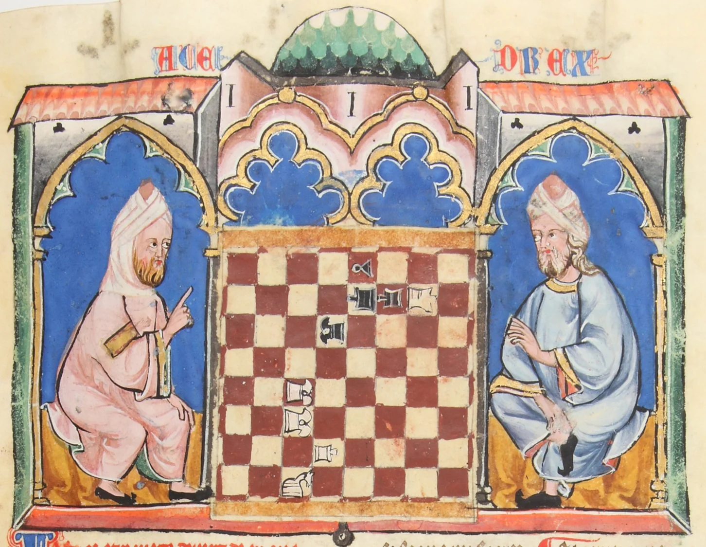 Dos hombres musulmanes jugando al ajedrez en una miniatura medieval del Libro de los juegos de Alfonso X el Sabio.