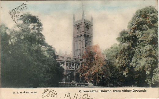 Tarjeta postal circulada: Iglesia de Cirencester desde los terrenos de la abadía.