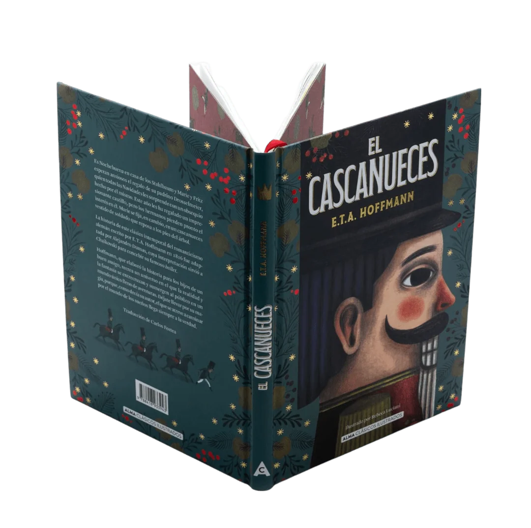 "Edición ilustrada de El Cascanueces de E.T.A. Hoffmann de la colección Alma Clásicos Ilustrados, mostrando la cubierta abierta con una ilustración del soldadito en tonos verdes y oscuros."