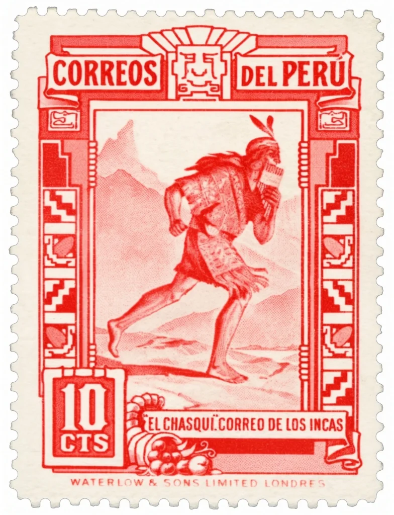 Sello postal de Perú de 10 centavos que muestra a un chasqui inca corriendo, con bordes dentados y detalles en color rojo.