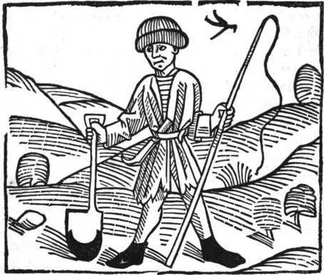 Grabado en xilografía del peón labrador medieval sosteniendo una pala y un látigo de la edición de William Caxton.