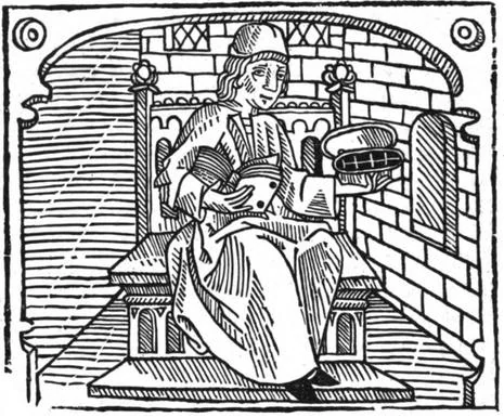 Xilografía del peón médico y boticario del rey sentado con un libro, de la edición impreso por William Caxton.