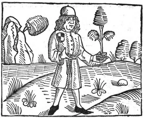Xilografía medieval del peón mensajero y caminante sosteniendo dados, ilustrado en la obra de William Caxton.