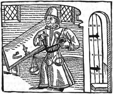 Grabado medieval del peón mercader sosteniendo una balanza, impreso por William Caxton en 1483.