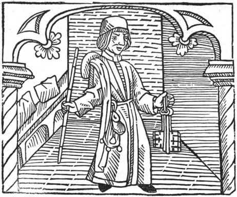 Xilografía del peón recaudador de impuestos con llaves y bastón, de la edición de William Caxton.