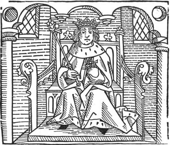 Ilustración medieval de un rey sentado en un trono, con corona y cetro