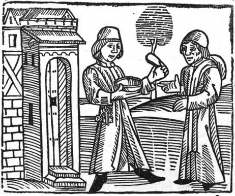 Xilografía del peón tabernero ofreciendo comida a un caminante, de la edición de William Caxton.