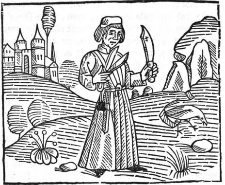 Grabado en xilografía del peón sastre y carnicero con tijeras y cuchillo, de la edición de Caxton de 1483.