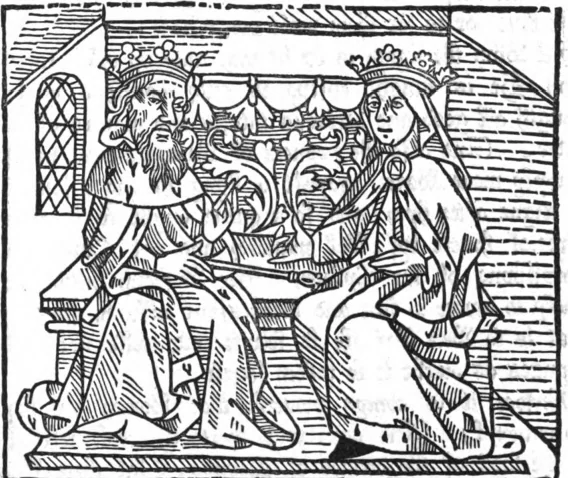 Ilustración medieval de una dama coronada sentada frente a un rey