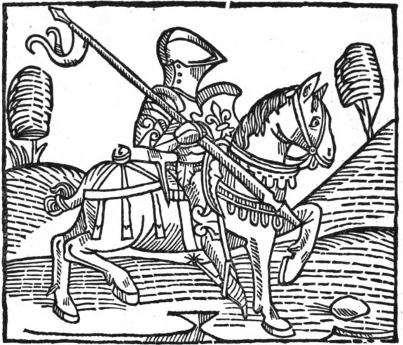 Ilustración medieval de un caballero armado montado a caballo. William Caxton.