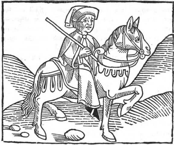 Ilustración medieval de un jinete montado a caballo en un paisaje rural. William Caxton.