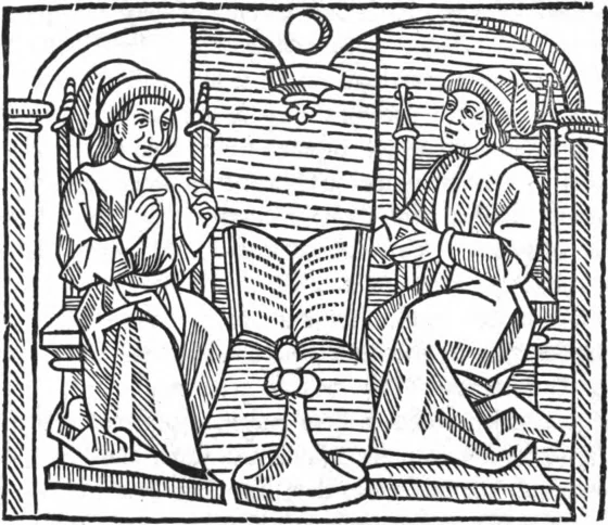 Ilustración medieval de dos personajes sentados frente a un libro abierto