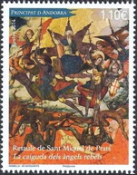 Sello de Andorra de 2014 que reproduce la pintura gótica de La caída de los ángeles rebeldes del Retablo de Sant Miquel de Prats